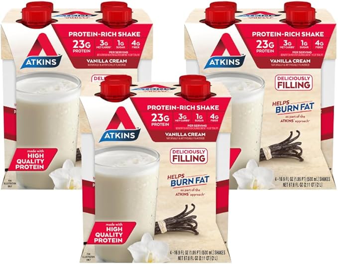 Atkins Vanilla Cream Meal Size Protein Shake 23g Protein &amp Chocolate Banana Protein Shake 15g Protein Low Glycemic 4g Net Carb 2g Sugar Keto Friendly 12 Count