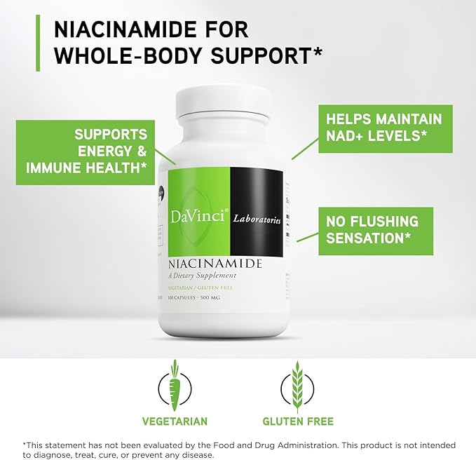 Davinci Labs Niacinamide - Dietary Supplement with Vitamin B3 to Support Fat Metabolism Circulation and Healthy Skin* - with 500 mg Niacinamide per Serving - Gluten-Free - 100 Vegetarian Capsules