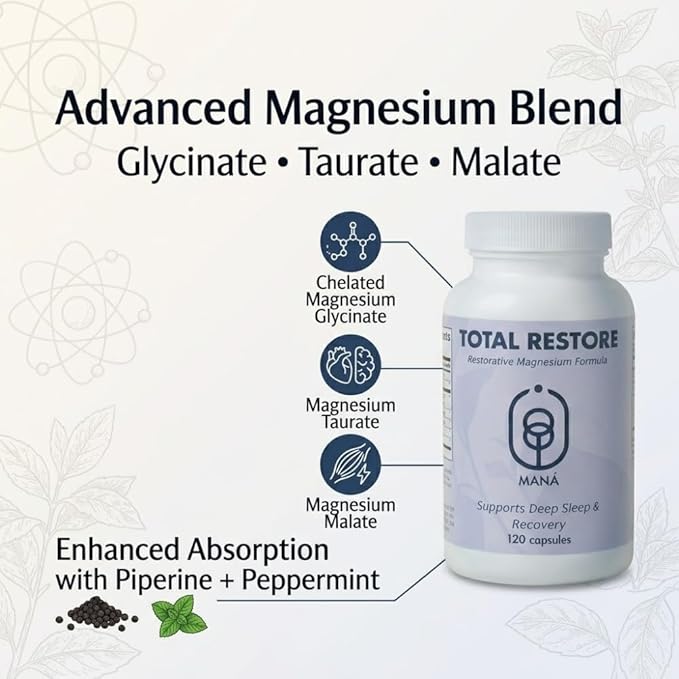 Total Restore Premium Magnesium Blend – Natural Sleep Aid Overnight Recovery – 800mg Magnesium Glycinate Taurate &amp Malate – Melatonin-Freek Best Sleep aids for adults120 Capsules