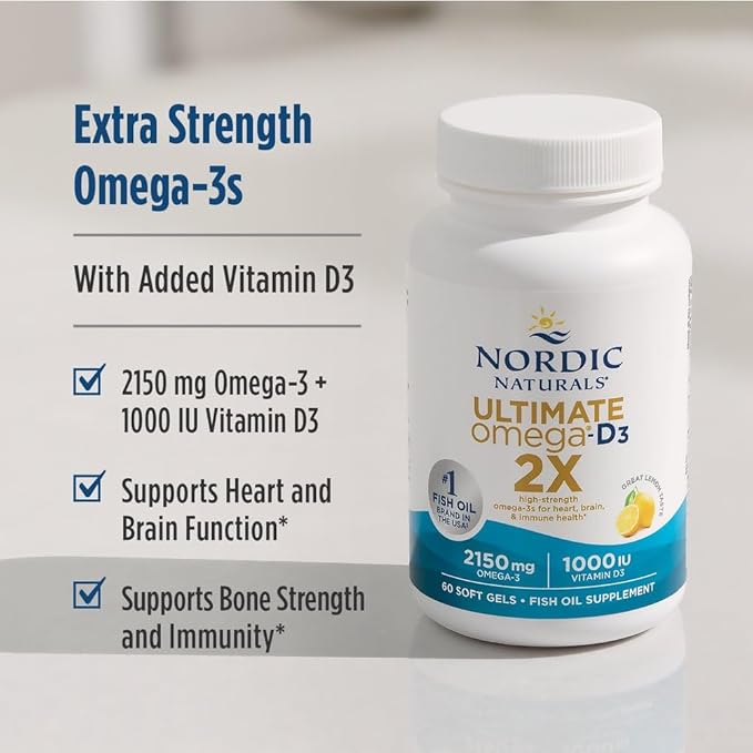 Nordic Naturals Ultimate Omega 2X with Vitamin D3 Lemon Flavor - 60 Soft Gels - 2150 mg Omega-3 + 1000 IU D3 - EPA &amp DHA - Brain Heart &amp Immune Health - 30 Servings