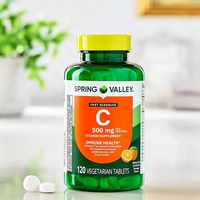SUREFECT Spring Valley Vitamin C 500 mg Fast Dissolve Tablets Orange Flavor Dietary Supplement 120 Count Organizer.