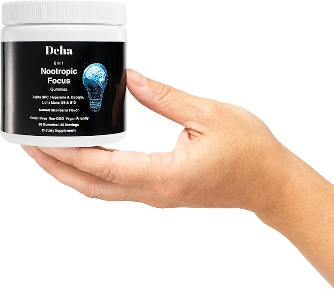Deha Focus Gummies Nootropic Brain Supplement with Vitamin B6 Vitamin B12 Alpha GPC Huperzine A Bacopa Monnieri Lions Mane Mushroom Gummies – Vegan Non-GMO Gluten-Free – 60 Gummies