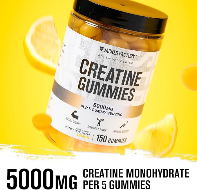 Jacked Factory Creatine Monohydrate Gummies 5g Daily Dose (1g per Gummy) - Creatine Gummy for Men and Women Vegan-Friendly Travel-Friendly Third-Party Tested - 150 Gummies Watermelon &amp Lemon