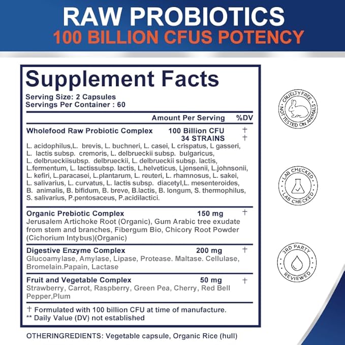 Probiotics 100 Billion CFU – 34 Strains + Organic Prebiotics – Whole Food Formula for Gut Health Immune Support &amp Digestive Balance – 2 Month Supply 120 Softgels