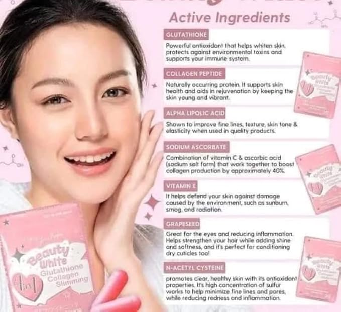 Beauty White 4 in 1 Glutathione Food Supplement Size 15gram Each (Pack of 2) 30 x 2-60 Capsules