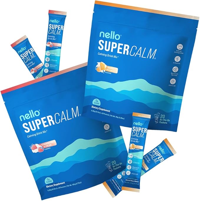 Nello Supercalm Drink Mix - Strawberries &amp Cream and Orange Creamsicle Ashwagandha KSM 66 Magnesium Glycinate &amp L-Theanine Supplement - Focus and Relaxation Support (2 x 20 Travel Packets)