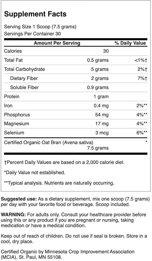 Swanson Oat Bran Fiber Powder - Certified Organic 8 oz Pwdr 2 Pack