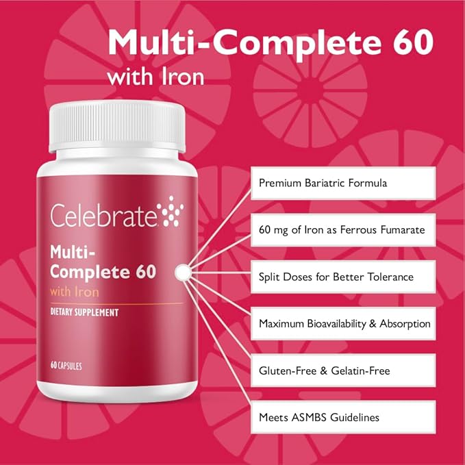 Celebrate Vitamins Multi-Complete 60mg Iron – Daily Bariatric Multivitamin for Sleeve Gastrectomy and Gastric Bypass Surgery Patients – Essential Vitamins &amp Minerals (60 Capsules)