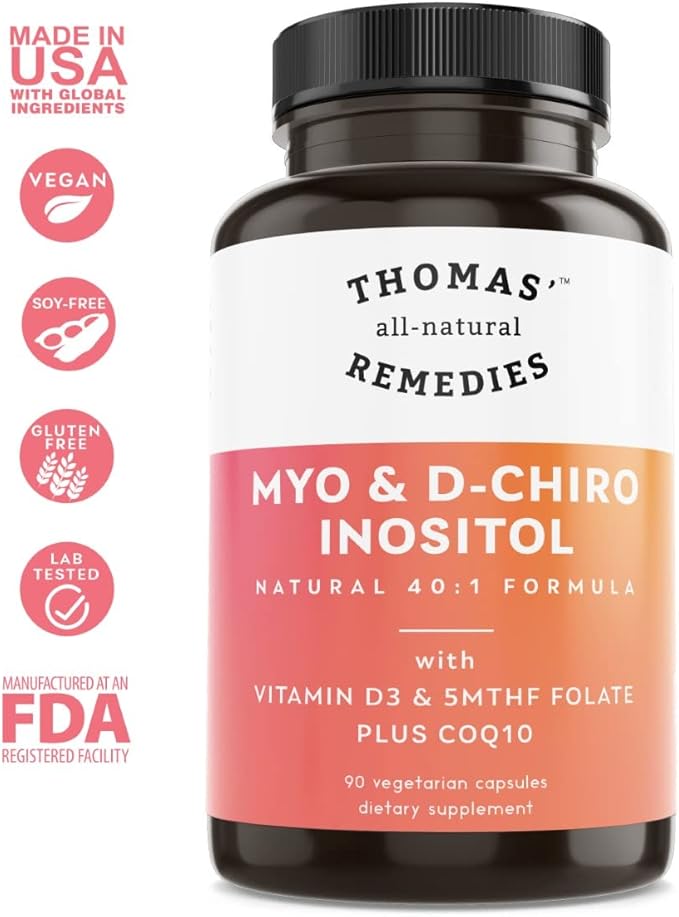 Thomas' all-natural Remedies Myo Inositol Supplement &amp D-Chiro Inositol Blend Supplement with Folate and Vitamin D3 40 to 1 Ratio Non-GMO No Fillers CoQ10 90 Vegan Capsules