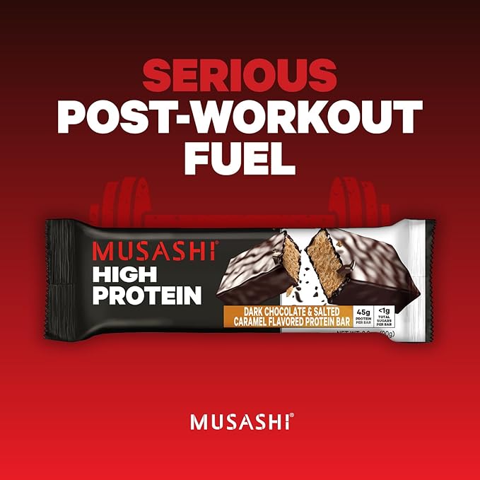 MUSASHI High Protein Bar 45g Protein &lt1g Total Sugars Dark Chocolate &amp Salted Caramel Post Workout and Protein Snack On The Go 12 Pack of 3.2oz (90g) Bars