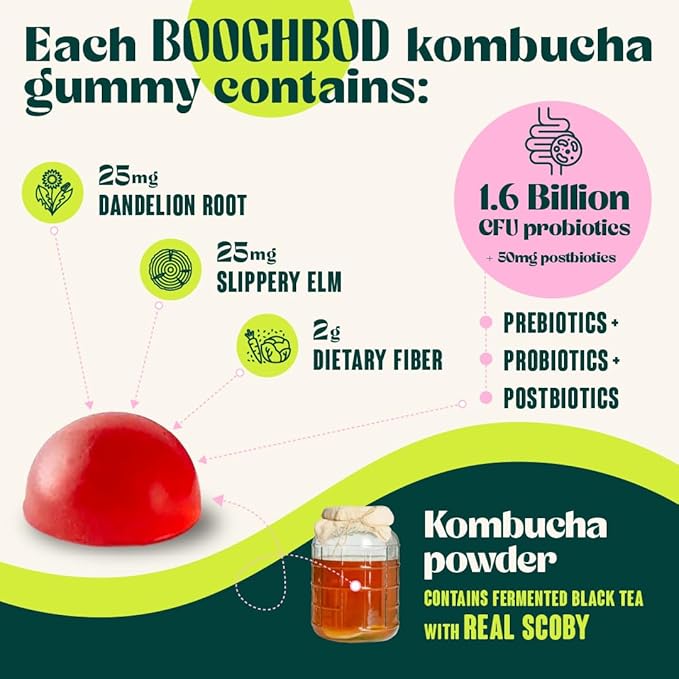 Probiotic Kombucha Gummy - Prebiotics Probiotics Postbiotics Fiber Supplement Slippery Elm Dandelion Root MCT Oil for Bloating Gut Health - Probiotics for Women and Men