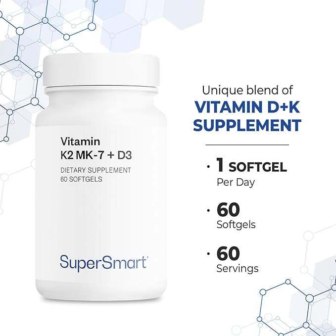 Supersmart - Vitamin K2 MK7 + Vitamin D3 90mcg per Day (High Bioavailability) - Menaquinone Supplement - Vitamin D &amp K Complex | Non-GMO &amp Gluten Free - 60 Softgels