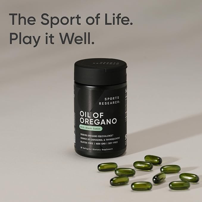 Sports Research® Oil of Oregano 9500mg w/Black Cumin Seed Oil &amp Ginger Oil - 3-1 Antioxidant Combination Supplement Rich in Thymoquinone &amp Carvacrol - Gluten Free · Non-GMO - 60 Softgels