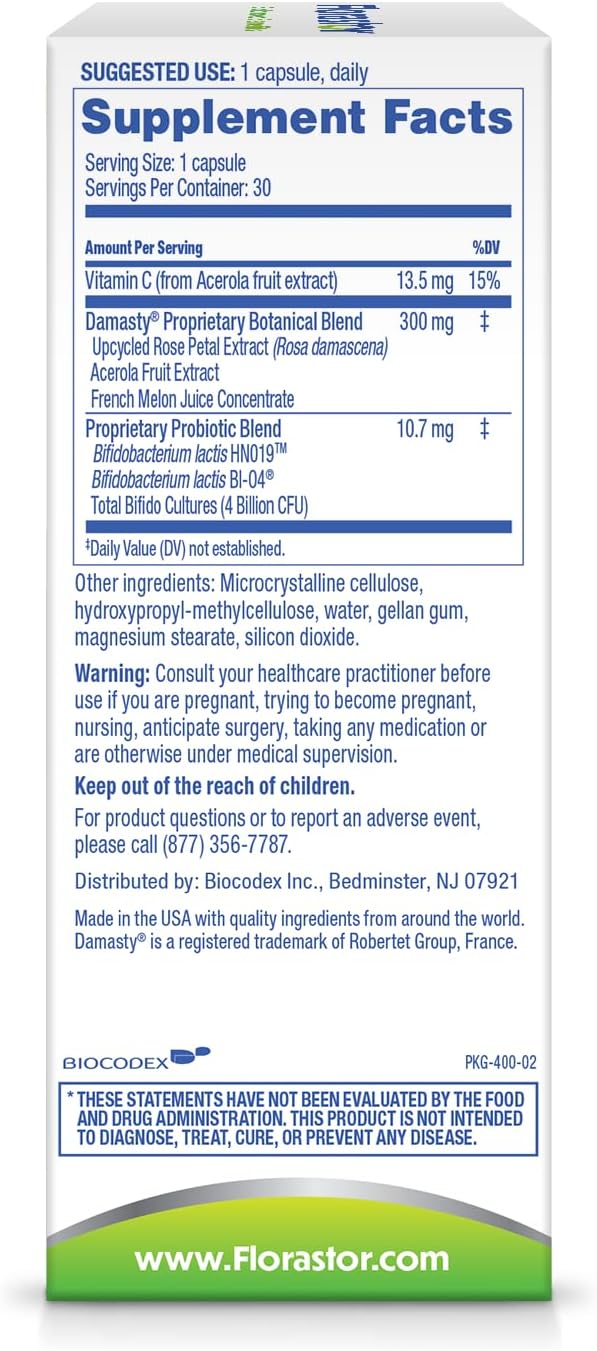Florastor Digest and Skin Renew - Probiotic for Skincare and Digestive Health with French Melon Damask Rose Extract Acerola Cherry &amp Vitamin C 30-Count