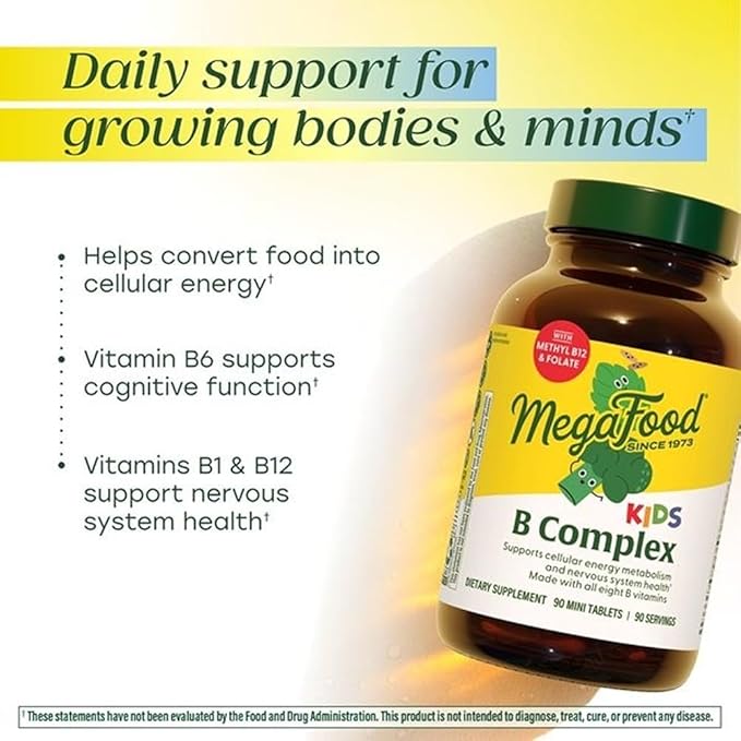MegaFood Kids Vitamin B Complex – with Vitamin B12 &amp B6 Folate Biotin Zinc Lemon Balm L Theanine &amp More Supports Cellular Energy Metabolism Vegetarian Gluten Free – 90 Mini Tablets