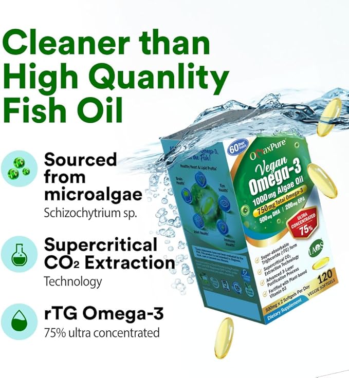 LABO Nutrition Vegan Omega 3 Algae Oil - Plant Based Fish Oil Alternative 750mg Omega-3 500mg DHA &amp 200mg EPA - Non-GMO &amp IAOS Certified - Heart Brain Eye Immune Joint Support 120 Softgels