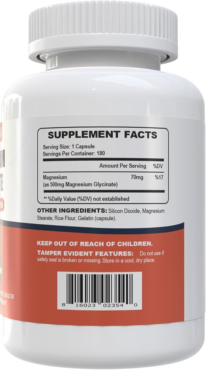 Magnesium Glycinate 500mg 100% Chelate for High Absorption Magnesium Supplement for Sleep Muscle Heart Never and Bone Support 180 Capsules