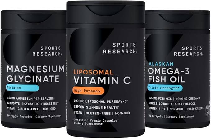 Sports Research® Multivitamins Pack - High Potency Liposomal Vitamin C Supplement 1000 mg + Magnesium Glycinate 160 mg + Omega-3 Fish Oil 1250 mg