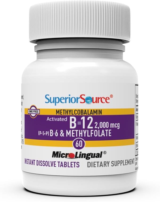 Superior Source No Shot Vitamin B-12 Methylcobalamin 2000 mcg B-6 &amp Methylfolate 1200 mcg - Supports Energy Brain and Heart Health - Bariatric Friendly - 60 Sublingual Dissolving Tablets