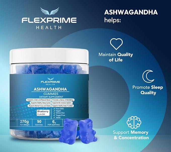 Ashwagandha Gummies Sugar Free 6g | Vegan Halal Non-GMO Gluten-Free | Blueberry Flavor | Focus Calm Recharge | Men Women 90 Count