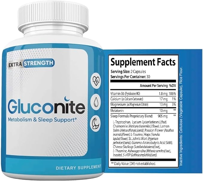 Gluconite Metabolism and Sleep Support 60 Capsules Natural Sleep Longer Non Habit Forming Melatonin