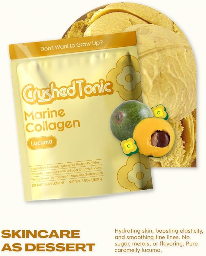 Crushed Tonic Marine Collagen Powder Korean Beauty Drink with Hydrolyzed Collagen Peptides for Skin Hair &amp Nails | Gluten-Free Halal &amp Kosher (Organic Lucuma 60 Servings (300 g) Pouch)