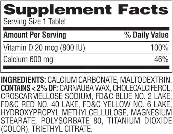Equate Calcium 600 mg + Vitamin D3 20 mcg (800 IU) Tablets Dietary Supplement 120 Count Sticker
