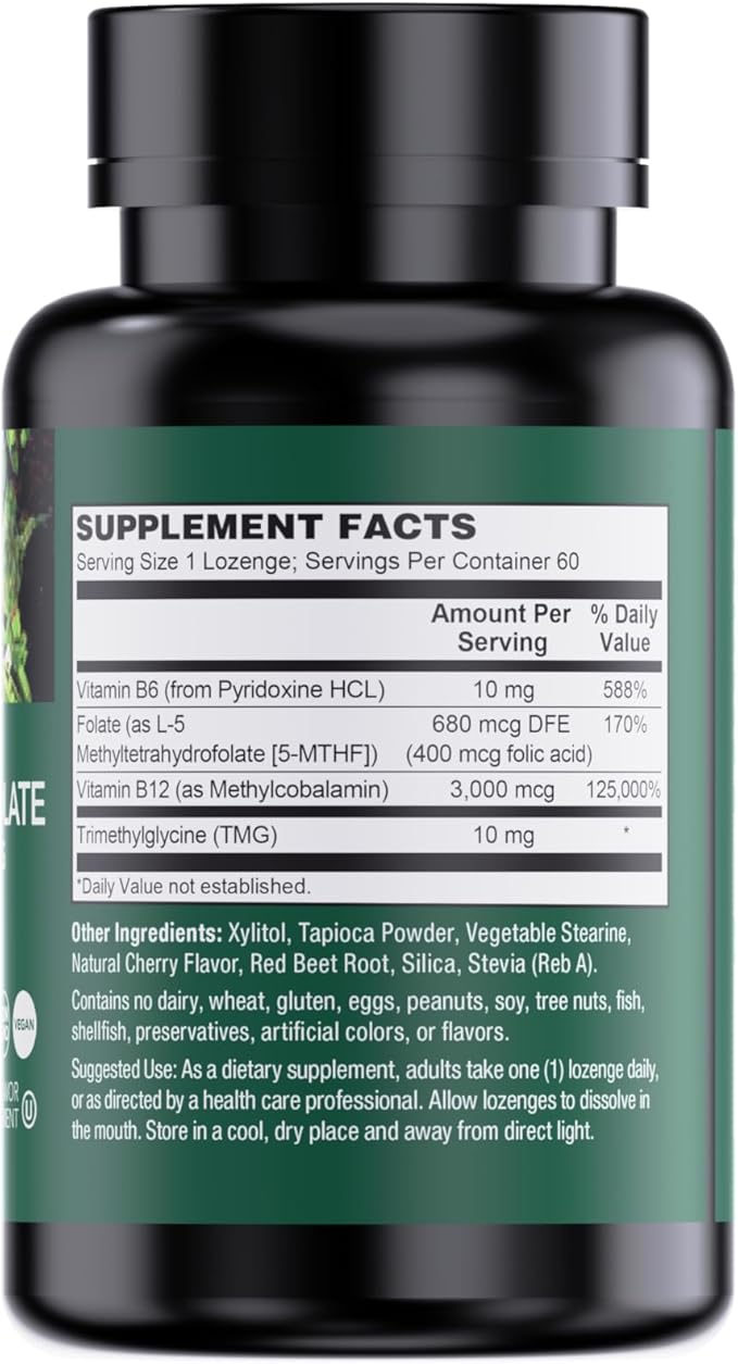 PlantFusion Vegan B12 Methyl 3000 mcg + Folate 400mcg - Sublingual Vitamins - Supports Energy Heart Health Nervous System - Cherry Flavor 60 High Potency Lozenges for Fast Absorption