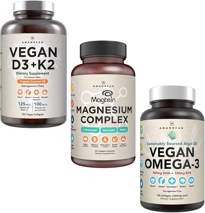 AMANDEAN Premium Magnesium Complex Vegan Omega 3 Vegan D3+K2 Bundle. Plant-Based Immune Support. Algae DHA &amp EPA. Quality Sleep Focus &amp Mood. Support Healthy Heart Brain Joints &amp Eyes