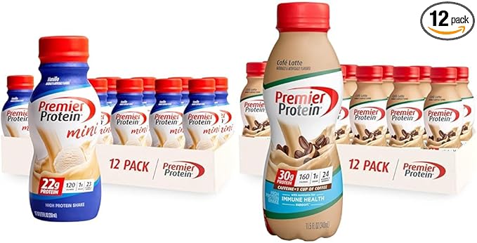 Premier Protein Shake MINIs Vanilla 22g Protein 120 Calories Pack of 12 &amp Café Latte 30g Protein 160 Calories Nutrients for Immune Health Pack of 12