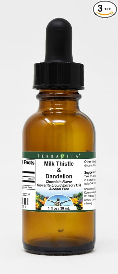 Terravita Milk Thistle &amp Dandelion Glycerite Liquid Extract (1:5) - Chocolate Flavored (1 oz ZIN: 522725) - 3 Pack