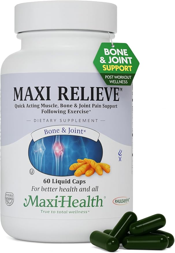Maxi Health Relieve Joint Support Supplement with Turmeric and Boswellia Serrata Quick-Acting Support After Exercise Vegetarian Non-GMO Bone &amp Joint Health Supplement for Men &amp Women 60 Cap