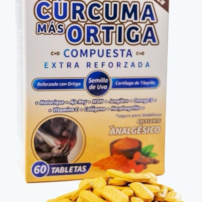 Cúrcuma Más Ortiga Extra Reforzada Turmeric and Nettle Compound with Grape Seed MSM Ginger and Vitamin C 60 Tablets