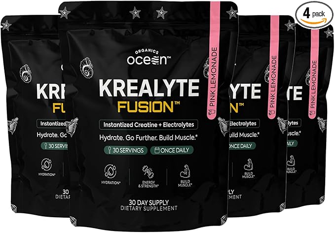 Organics Ocean Krealyte Fusion - Instantized Creatine Monohydrate Powder with Electrolytes - Muscle Strength Endurance &amp Hydration Support - Vegan Sugar-Free Pink Lemonade Flavor - 120 Servings