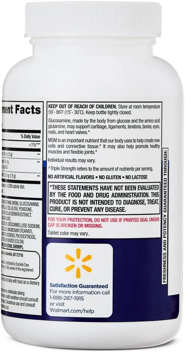 Equate Triple Strength Glucosamine HCI 1500mg + MSM 1500mg + Boswellia Extract Tablets 80 Count Sticker