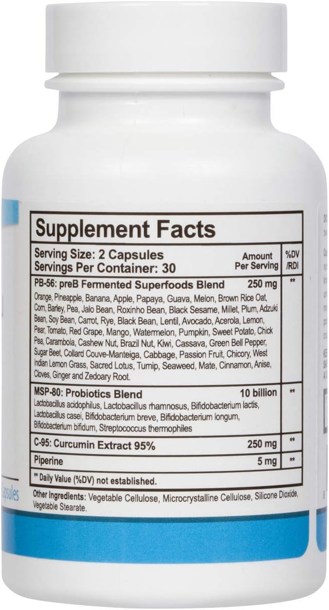 Physio Flora Curcumin Piperine Probiotics and Prebiotics for Gut 60 Veggie Capsules (4 Pack)