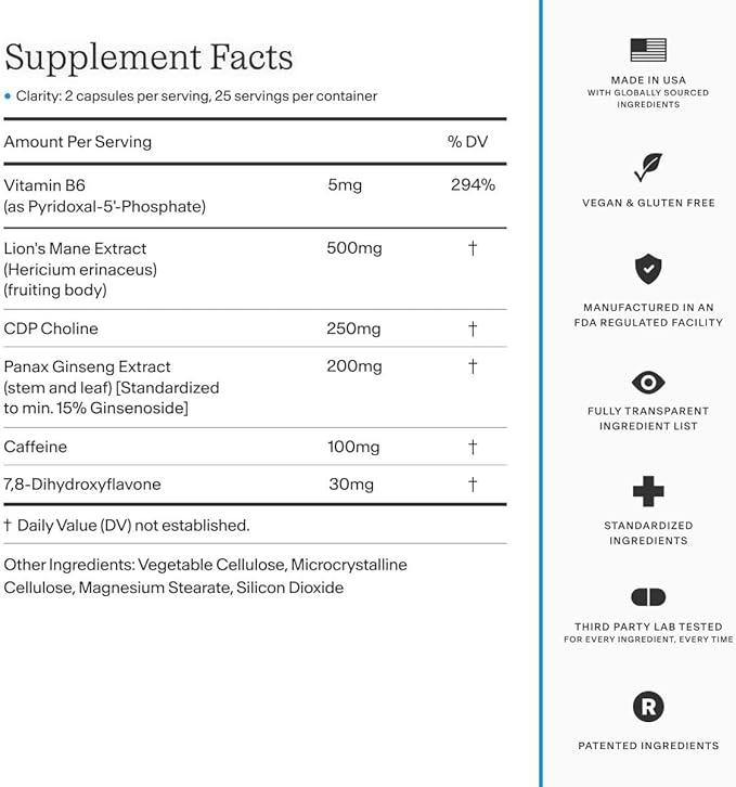 Thesis Clarity Nootropic Supplement for Men &amp Women with Lions Mane CDP Choline Panax Ginseng Vitamin B6 &amp Caffeine Cognitive Support Capsules Vegan Non GMO 25 Servings