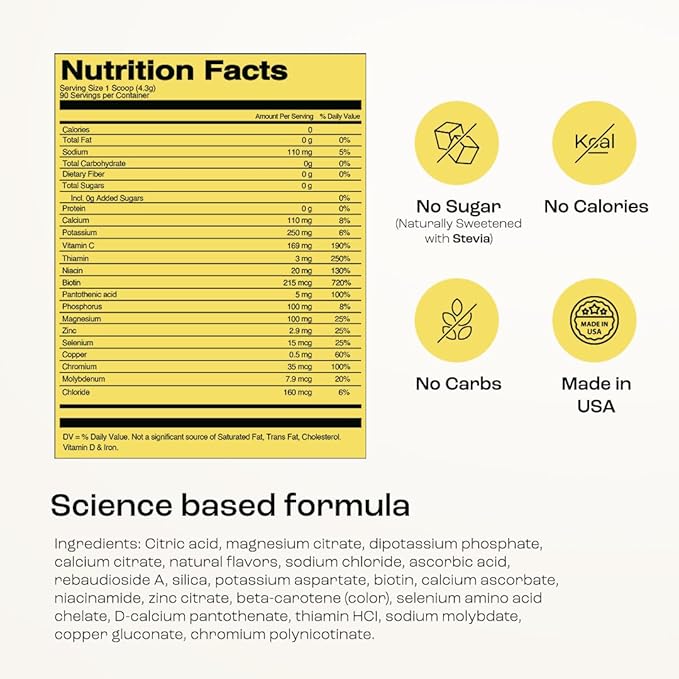 KEY NUTRIENTS Multivitamin Electrolytes Powder No Sugar - Refreshing Lemonade Electrolyte Powder - Sodium &amp Energy Supplement - Hydration Powder - No Calories - 90 Servings - Made in USA