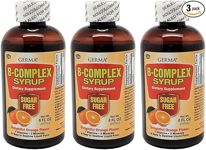 Germa B-Complex Syrup. Dietary Supplement. Bone Health Growth and Development Aid. Sugar Free. Orange Flavor. 8 oz. Pack of 3