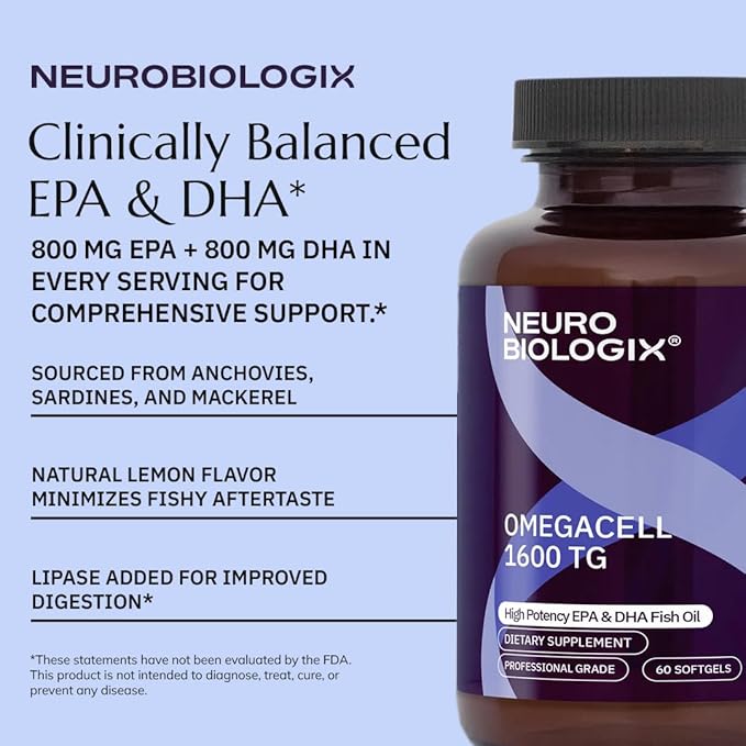 Neurobiologix OmegaCell 1600 TG Omega 3 Fish Oil with EPA &amp DHA Triglyceride Form for Absorption &amp Wellness Support Non GMO Omega 3 Supplement for Women and Men Gluten Free 60 Softgels