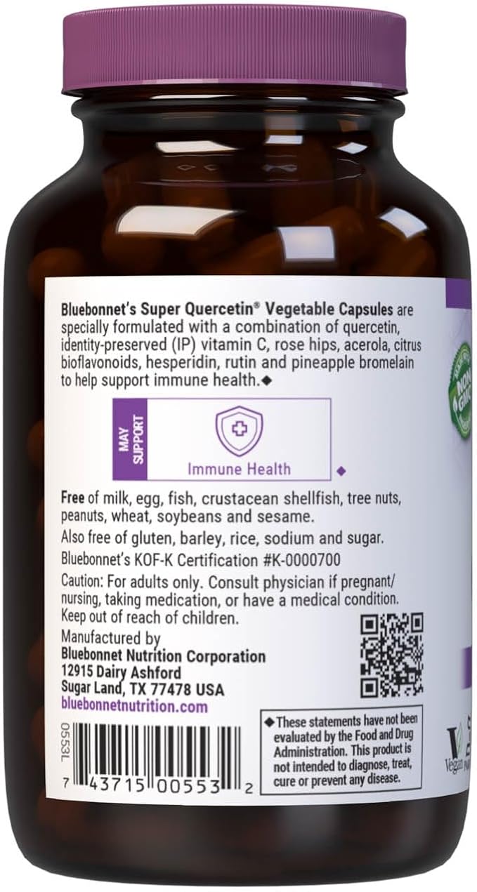 Bluebonnet BB-553 Nutrition Super Quercetin Vegetable Capsules Vitamin C Formula Best for Seasonal &amp Immune Support Non GMO Gluten Free Soy Free Milk Free Kosher White 90 Count (Pack of 1