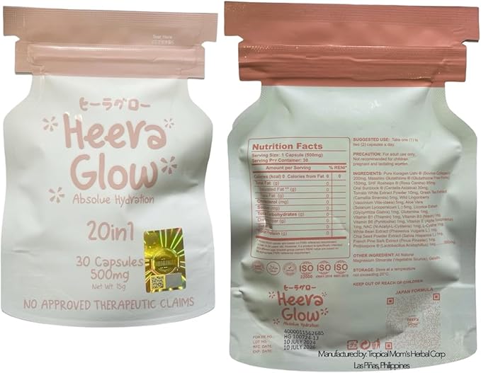 2 Sachets Heera Glow Absolute Hydration 20 in 1 Glutathione Collagen Capsules