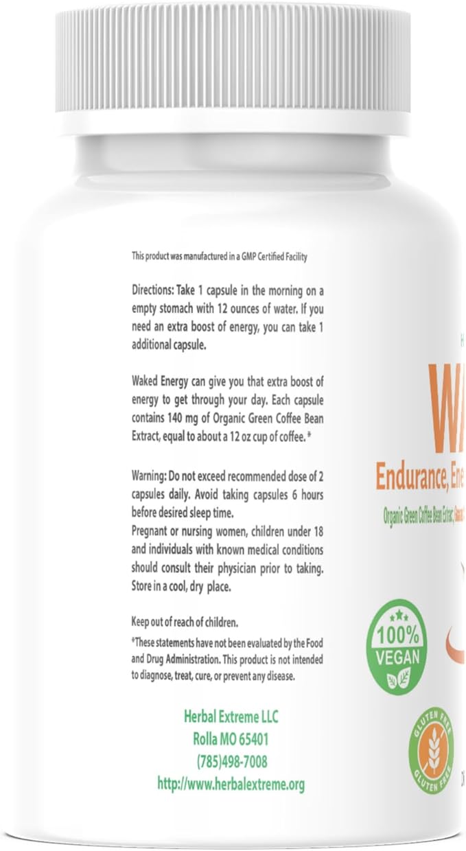 Waked Endurance Energy And Stamina Support 30 Capsules Organic Green Coffee Bean Extract Guarana Seed Extract Green Tea Leaf Extract Ashwagandha Root Extract and Black Pepper Extract as BioPerine