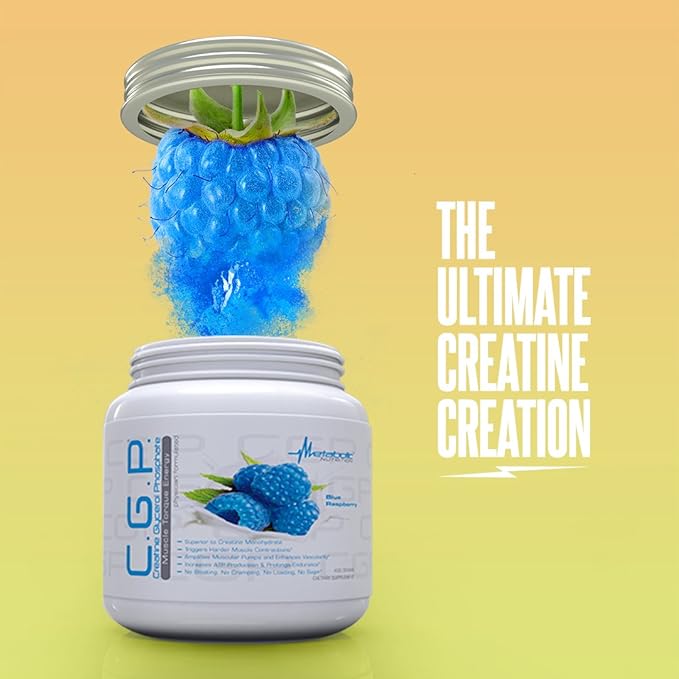 Metabolic Nutrition CGP Creatine Glycerol Phosphate 100% Micronized Creatine Powder Pre Intra Post Workout Supplement Blue Raspberry 400 Grams (40 Servings)