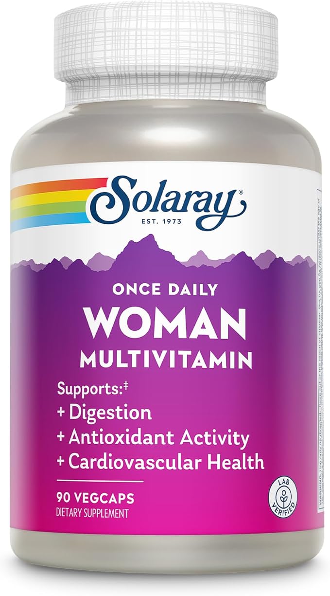 SOLARAY Once Daily Woman Multivitamin with Iron Cellular Energy Digestion Red Blood Cell Support Multivitamin for Women w/Vitamin D Vitamin B12 Prenatal Vitamins Support w/Folic Acid 90 Serv