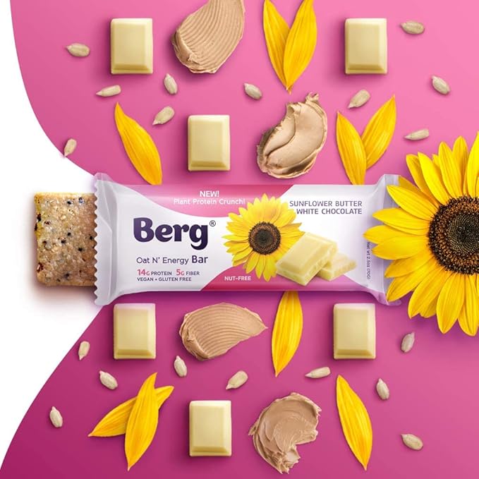 Berg Oat N' Energy Bar | Sunflower Butter White Chocolate | Plant Based Protein Bar | Non-GMO Gluten Free Nut Free and Vegan | Low Sugar Healthy Snack Bar | High Fiber | On The Go | 2.5oz (8 Packs)