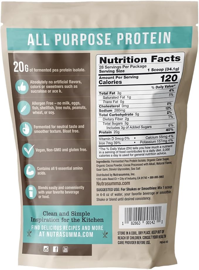 Nutrasumma Pea Protein Powder Vegan Chocolate Flavor 100% Plant Based No Artificial Sweeteners Non GMO Gluten Free &amp Soy Free 2.11 LB