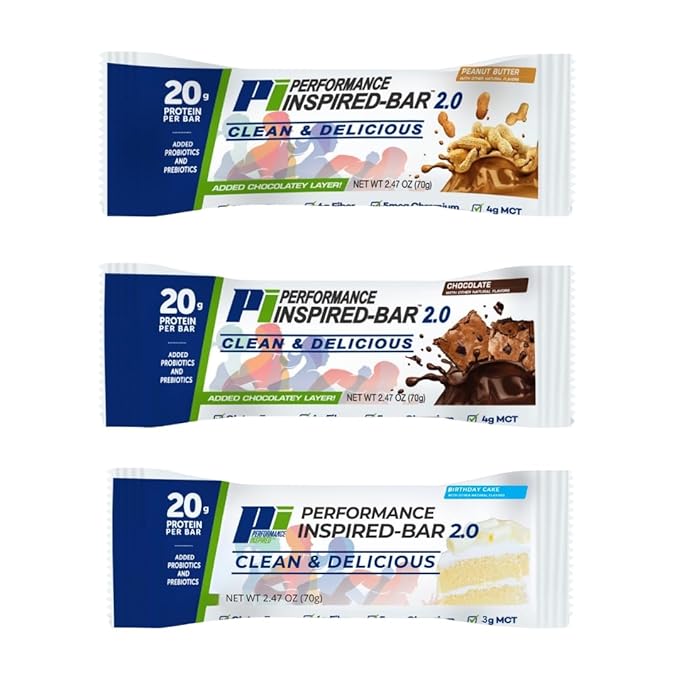Performance Inspired Nutrition Protein Bar 2.0 Mixed Box – 12 Bars (4 Chocolate 4 Peanut Butter 4 Birthday Cake) – 20G Protein 6G Fiber 4G MCTs 1 Billion CFU Probiotics – Gluten-Free