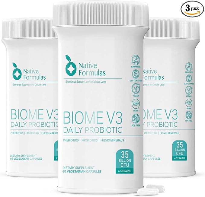 Native Formulas Biome V3 Probiotic Prebiotic &amp Fulvic Minerals Supplements - 35 Billion CFU - 6 Strains - 180 Vegan Capsules - Women &amp Men - FODMAP Friendly Supports Digestive Immune &amp