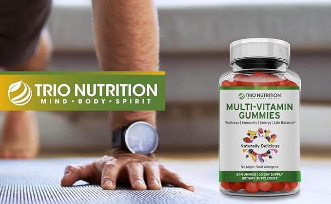 TRIO NUTRITION Daily Multivitamin Gummies for Men &amp Women - Natural Fruit Flavor with Essential Vitamins A B C D E &amp Zinc - No Major Allergens Immune Support &amp Energy Boost Supplement